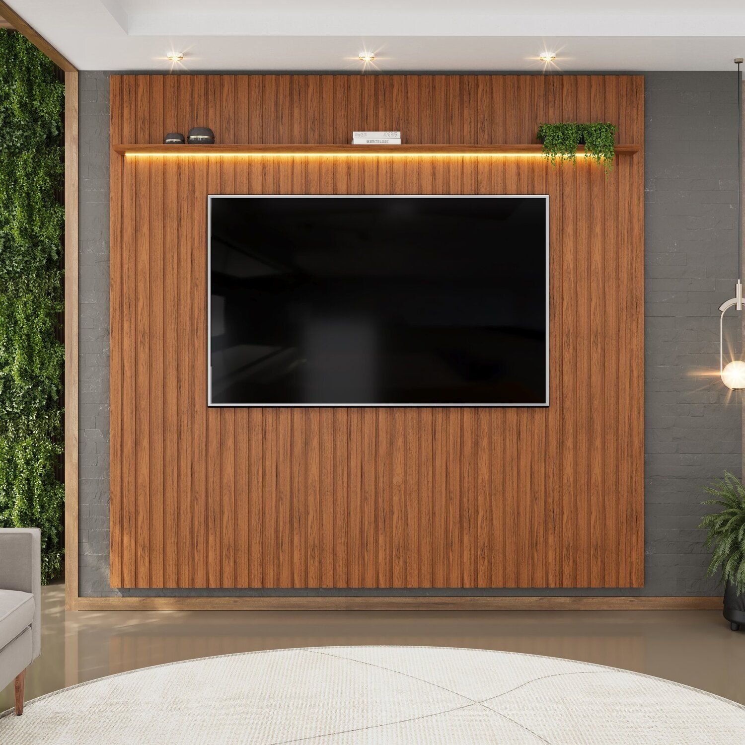 Painel Para Tv Até 75 Polegadas Ripado Com Led 250cm Trento Freijó