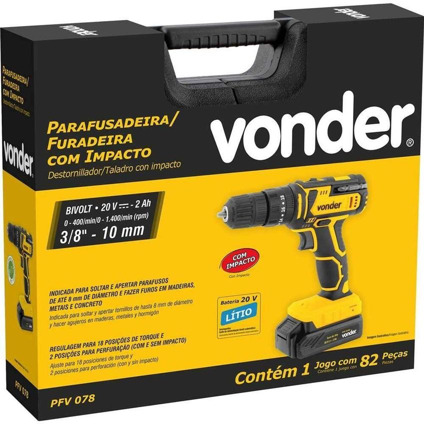Parafusadeira/Furadeira Impacto A Bateria 20v Fonte Bivolt Automática 78 Acessórios Pfv 078 Vonder Ostenvonder - imagem 3