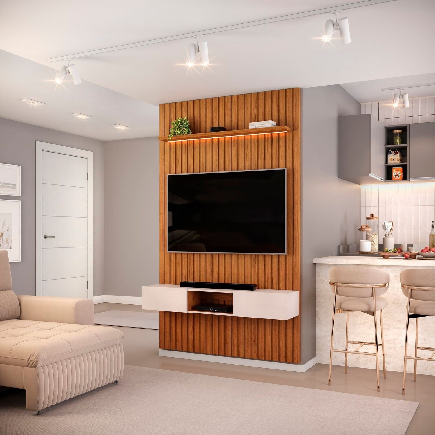 Painel Para Tv Até 60 Polegadas Ripado Com Led 143cm Trento Freijó/off White