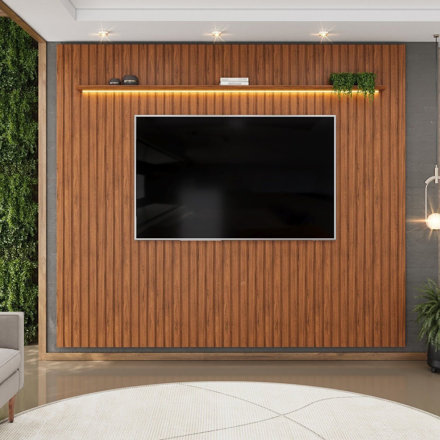 Painel Para Tv Até 75 Polegadas Ripado Com Led 275cm Trento Freijó