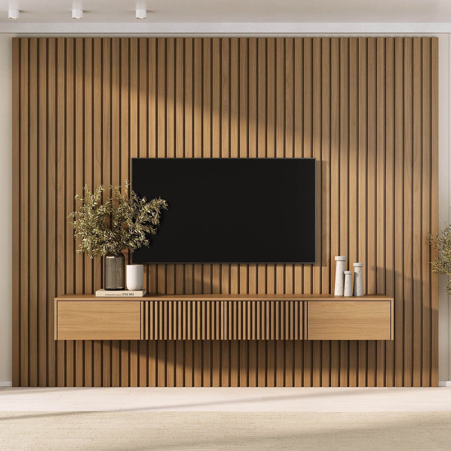 Rack Ripado Com Painel Ripado Para Tv Até 86 Polegadas 280x250cm Aruá Cabecasa Madeiraoriginals Jatoba