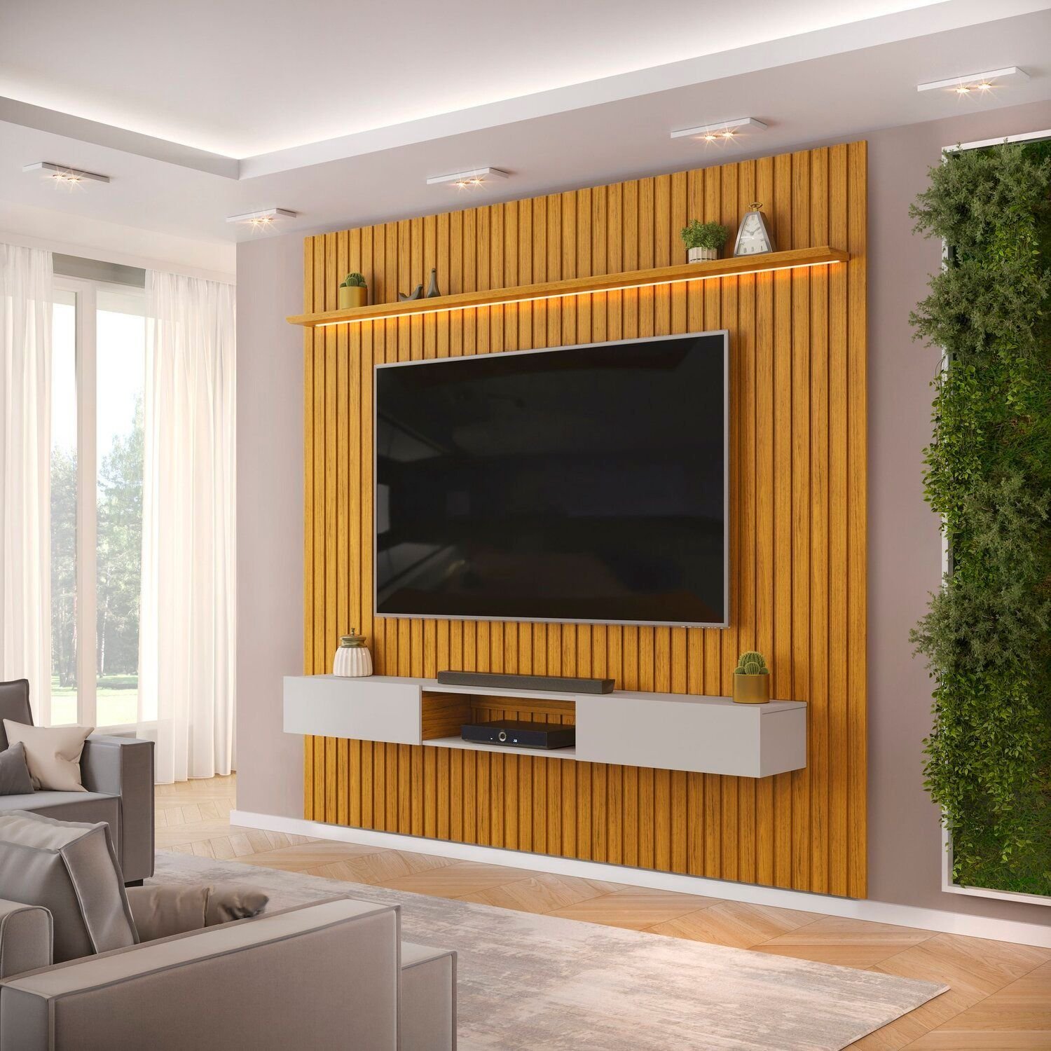 Painel Para Tv Até 75 Polegadas Ripado Com Led 250cm Trento Cedro/bali