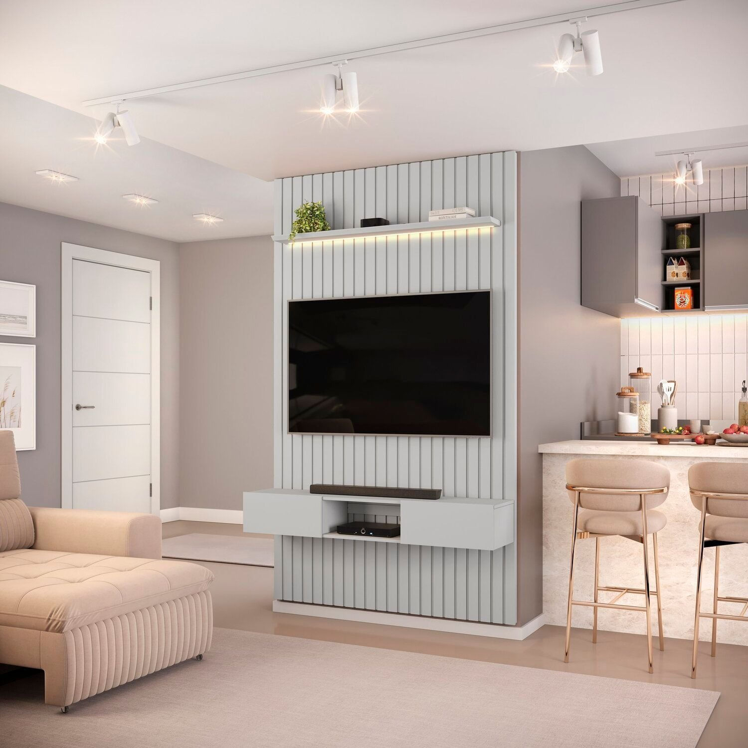 Painel Para Tv Até 60 Polegadas Ripado Com Nicho E Led 143cm Trento Bali