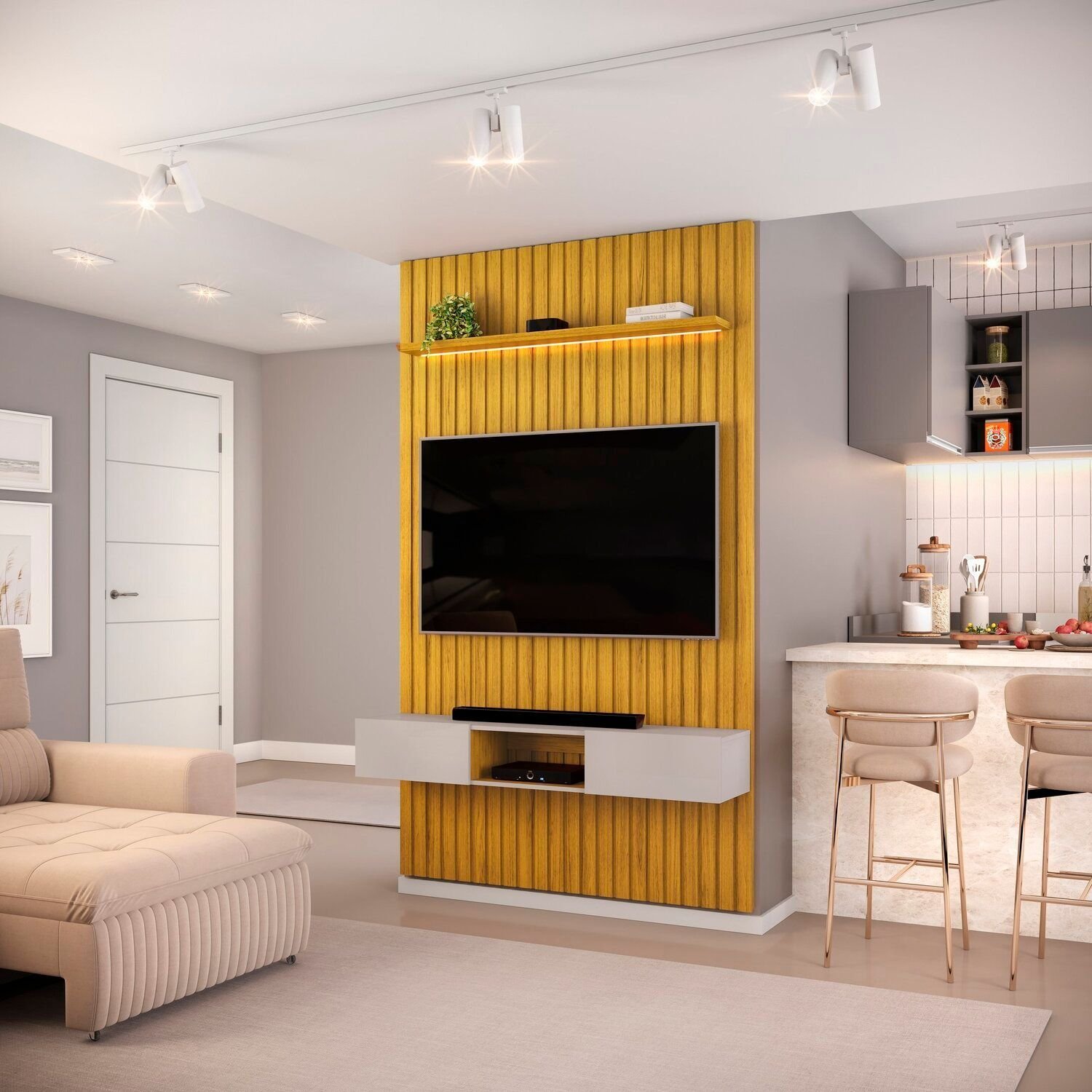 Painel Para Tv Até 60 Polegadas Ripado Com Nicho E Led 143cm Trento Cedro/bali