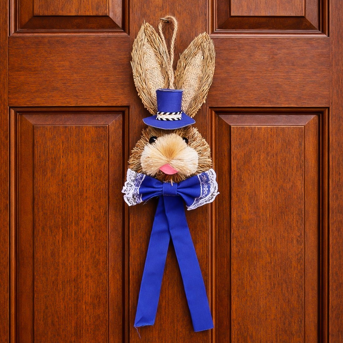 Pendente Cabeça Coelho Com Laço Decoração Páscoa Palha 40cm