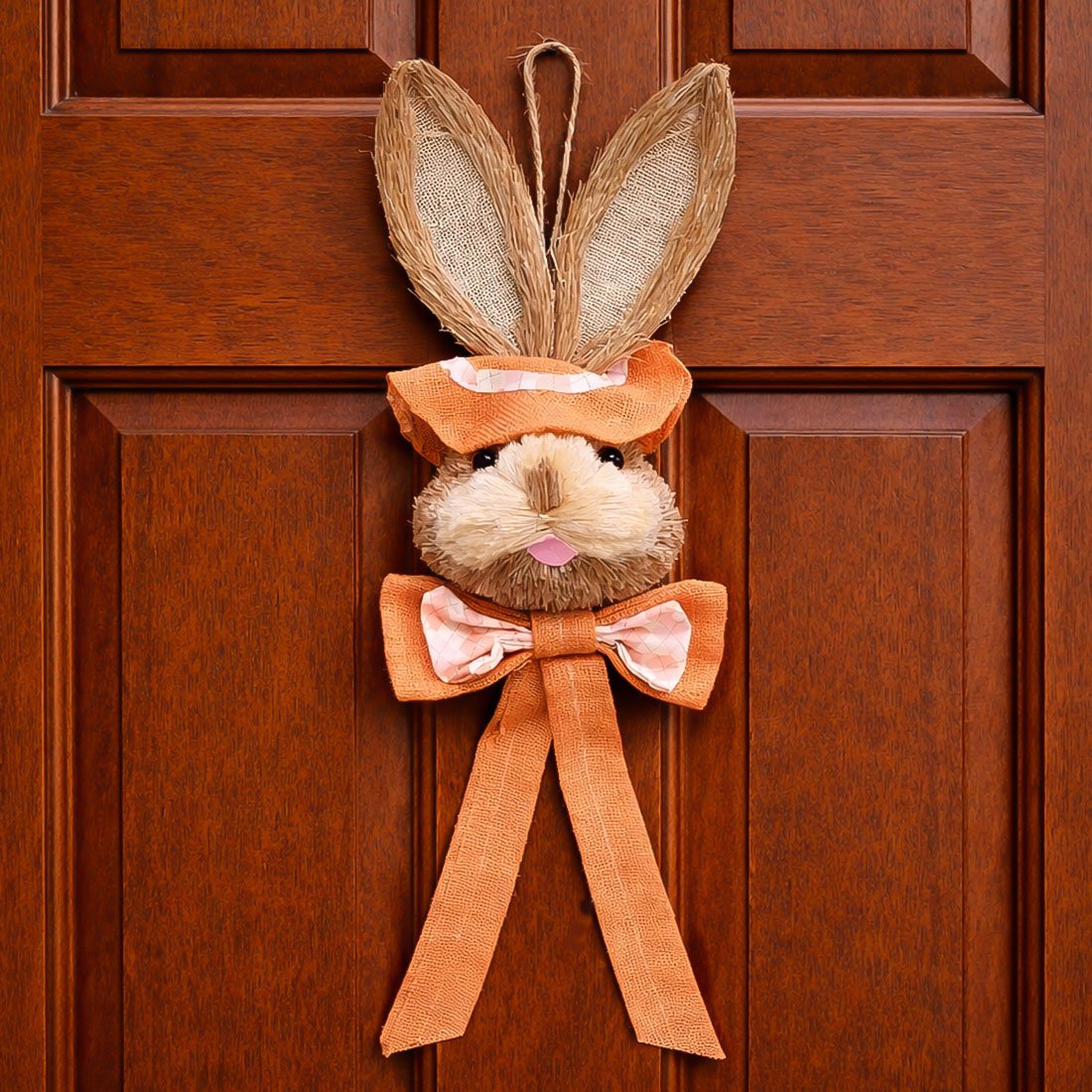 Pendente Cabeça Coelho Com Laço Decoração Páscoa Palha 65cm