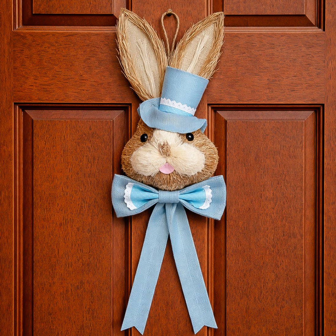 Pendente Cabeça Coelho Com Laço Decoração Páscoa Palha 85cm