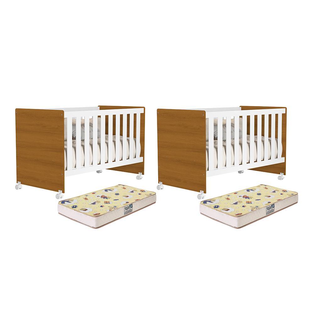 Kit Gêmeos Berço Branco/savana Mel Com Colchões Supreme - Reller Móveis