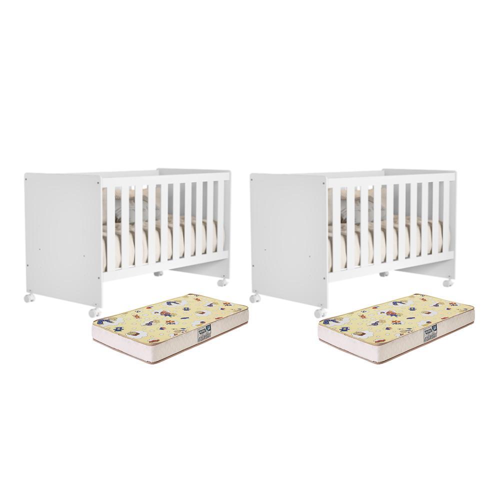 Kit Gêmeos Berço Mel Branco Brilho Com Colchões Supreme - Reller Móveis