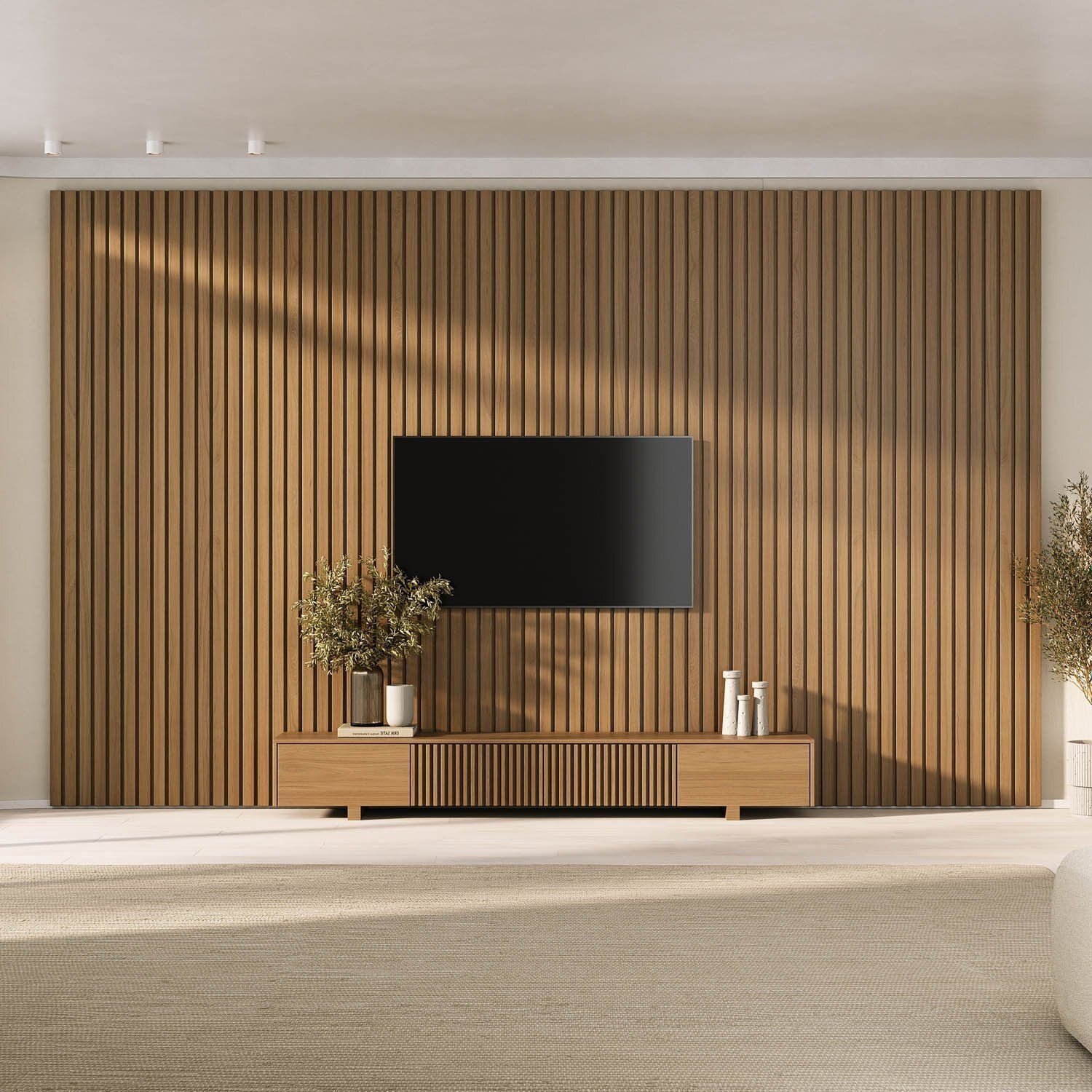 Rack Ripado Com Painel Ripado Para Tv Até 86 Polegadas 400x250cm Aruá Cabecasa Madeiraoriginals Jatoba
