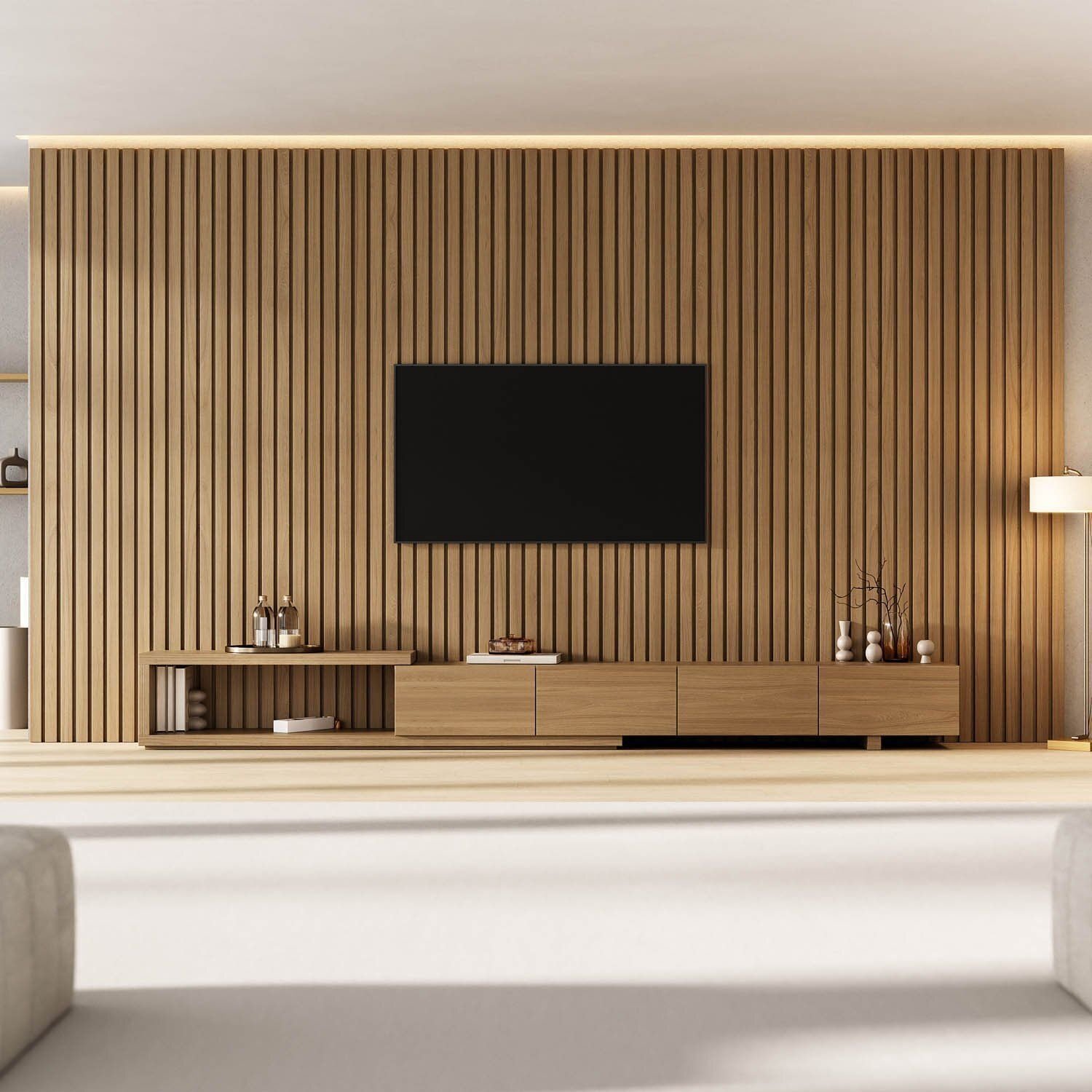 Rack Compainel Ripado Para Tv 86 Polegadas 400x250cm Aruá Cabecasa Madeiraoriginals Jatoba