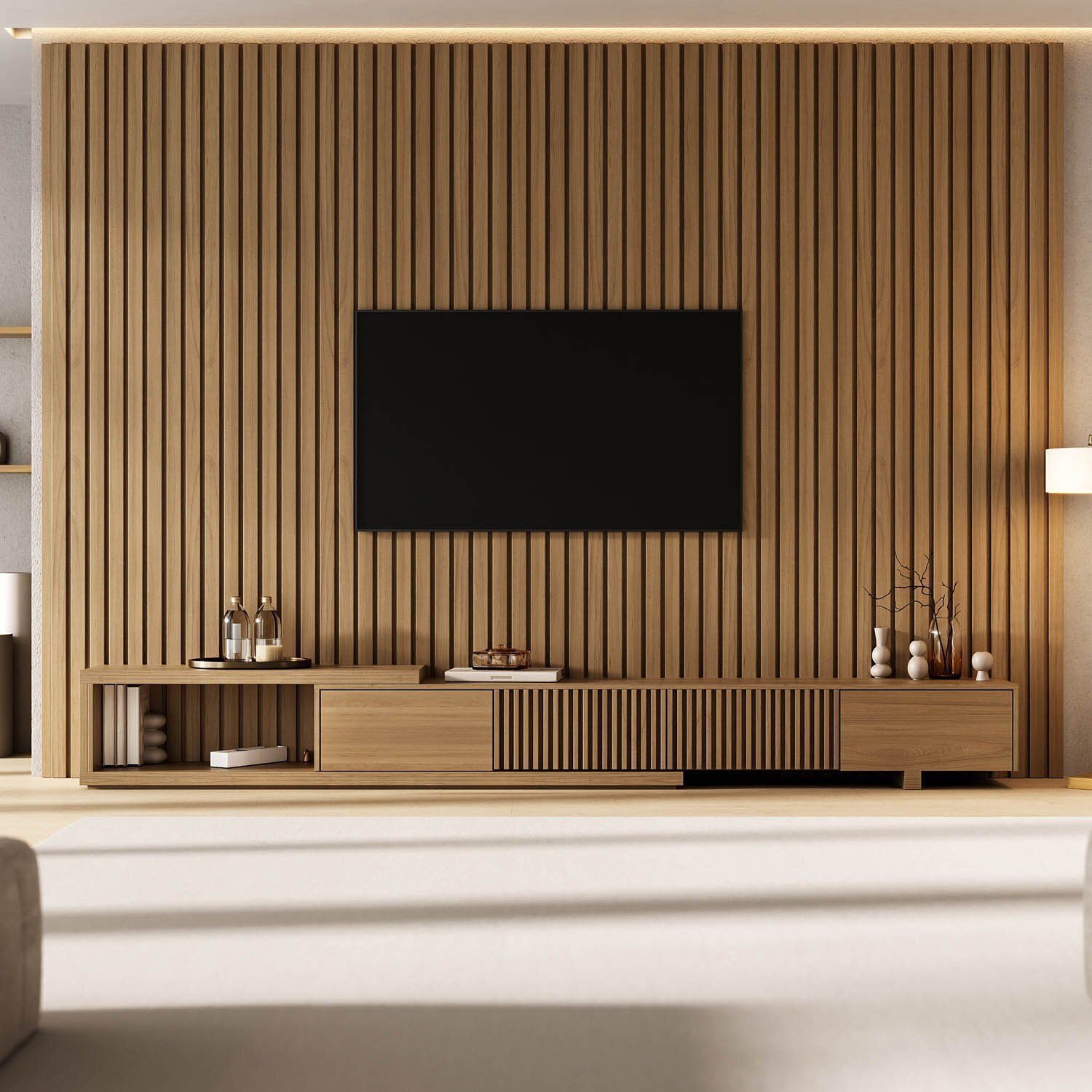 Rack Extensível Ripado C/ Painel Ripado P/ Tv 86 Polegadas 320x250cm Aruá Cabecasa Madeiraoriginals Jatoba