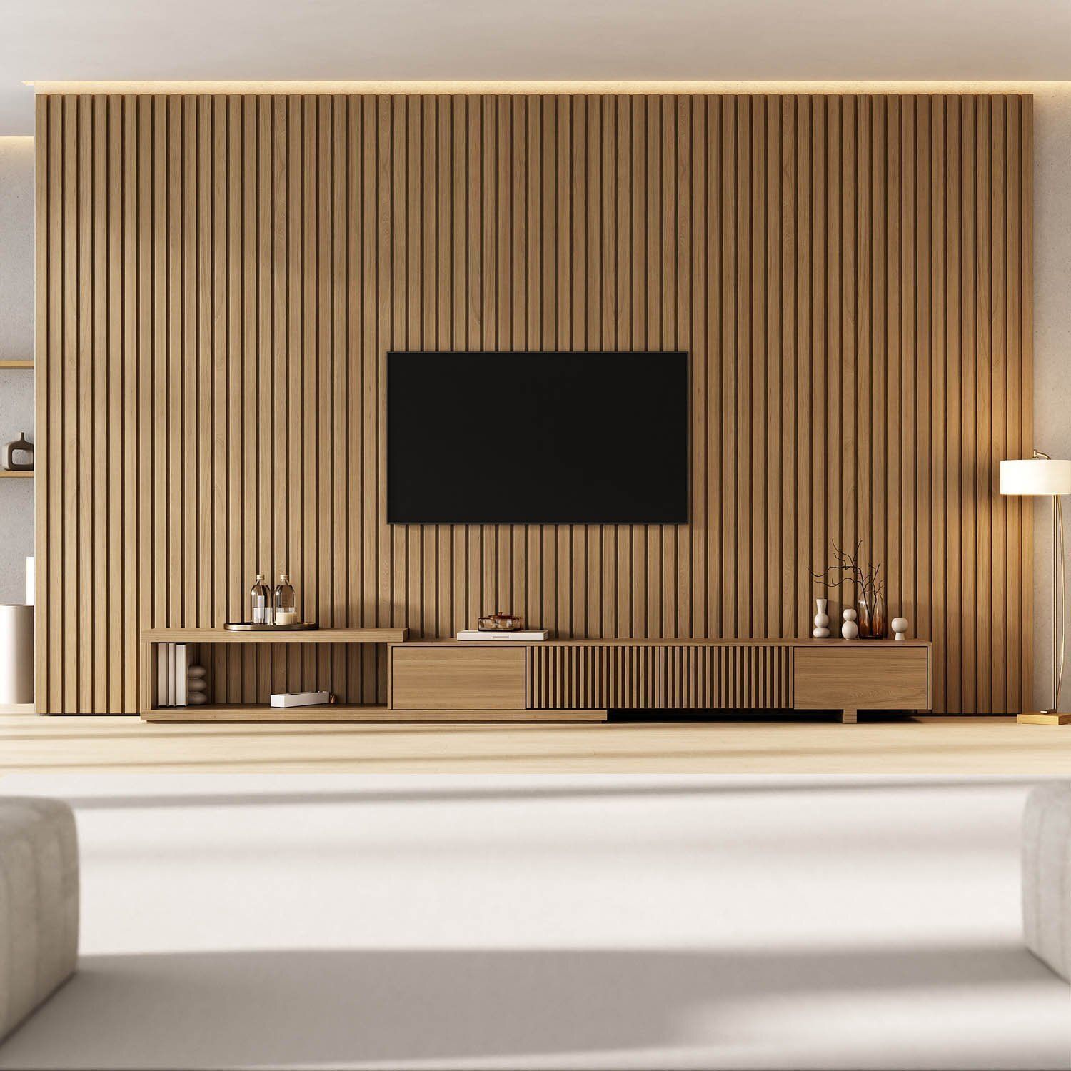 Rack Extensível Ripado C/ Painel Ripado P/ Tv 86 Polegadas 400x250cm Aruá Cabecasa Madeiraoriginals Jatoba