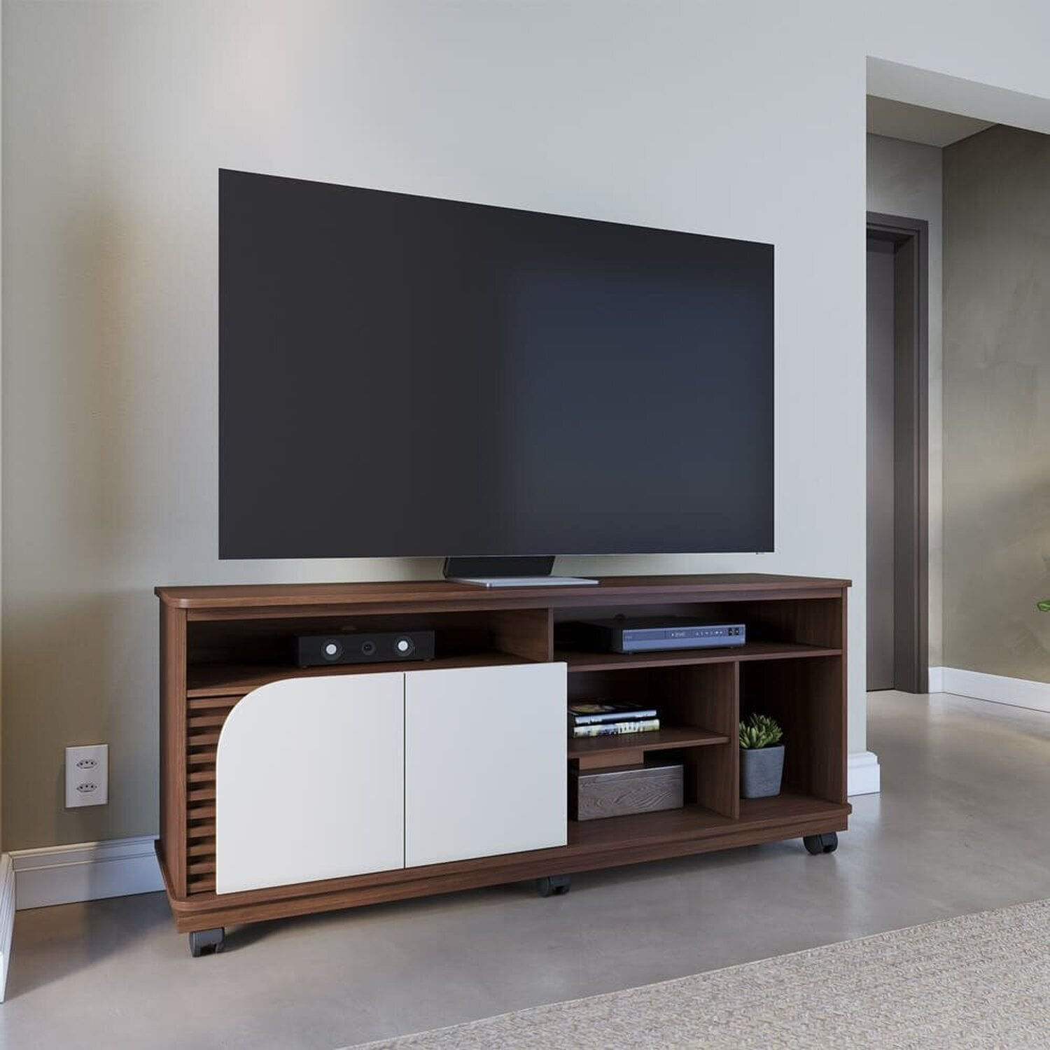 Rack Para Tv 65 Polegadas Com Rodízio 2 Portas 150cm Jurere Nogueira Real/Off White Matte