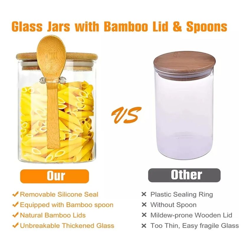 Pote De Vidro 250 Ml Com Tampa Hermética De Bambu E Colher Para Temperos E Cereais - imagem 4