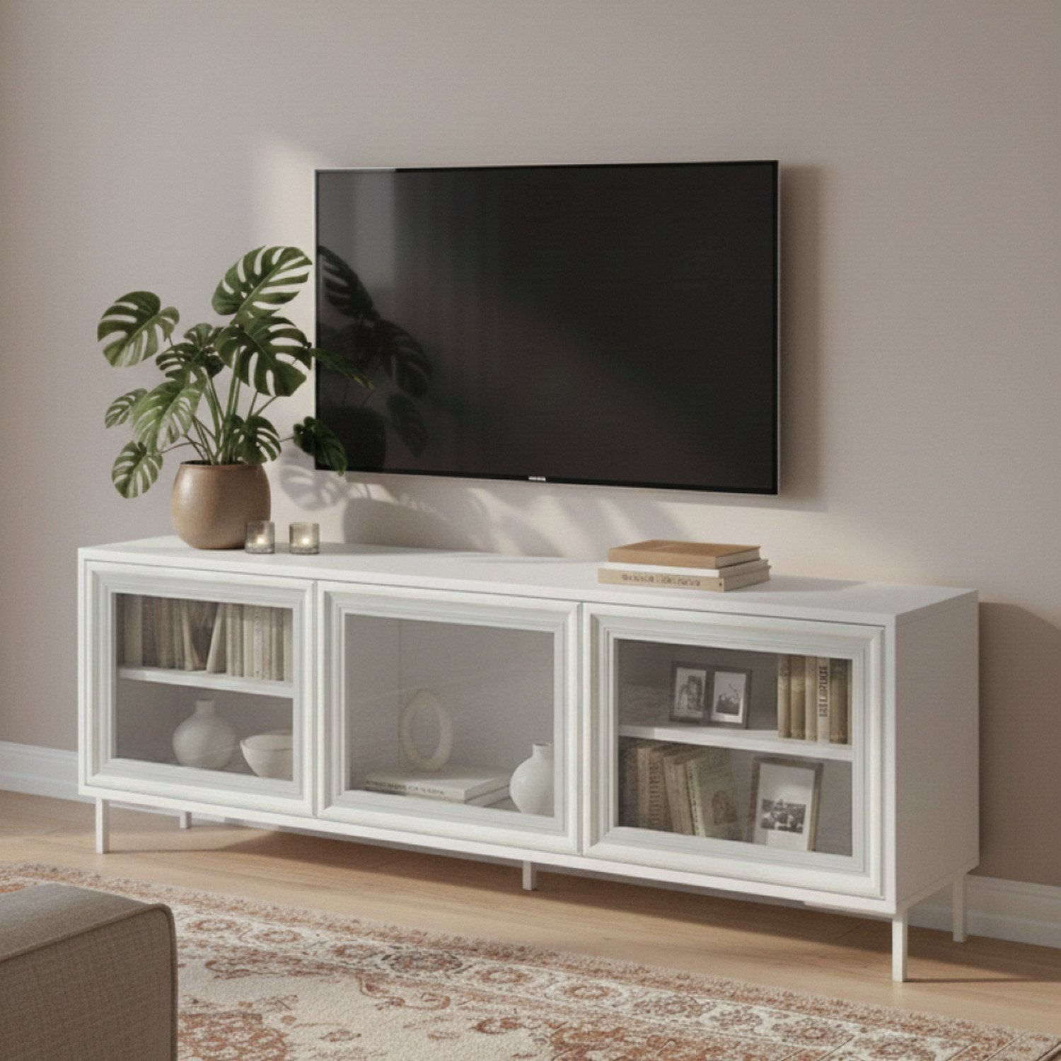 Rack Para Tv 55 Polegadas 03 Portas De Vidro 2 Prateleiras Branco