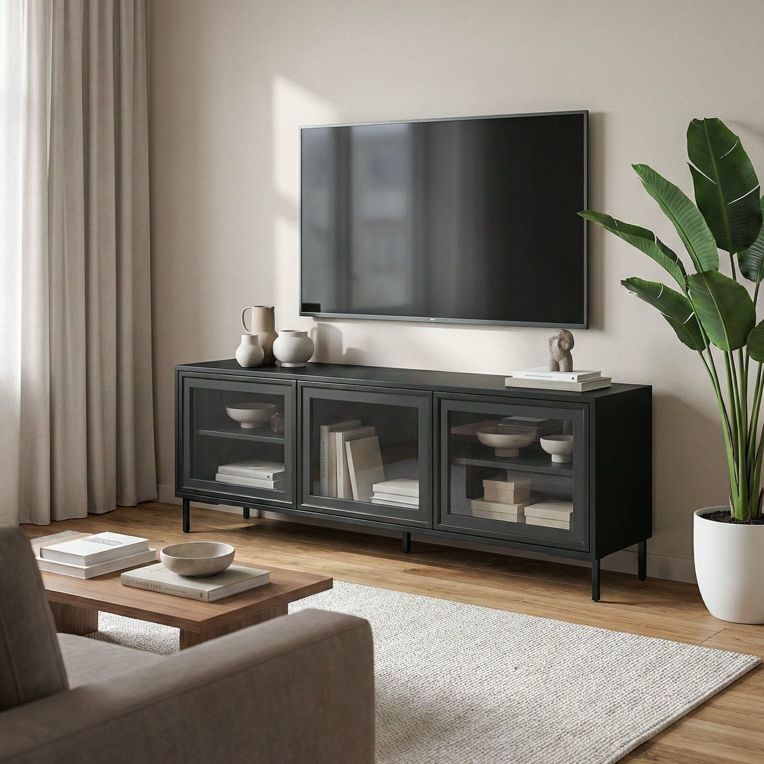 Rack Para Tv 55 Polegadas 03 Portas De Vidro 2 Prateleiras Preto