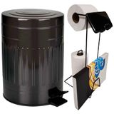 Lixeira Retro Preta 5 Litros Mor Com Suporte Para Papel Higiênico 3 Rolos Evald-preto