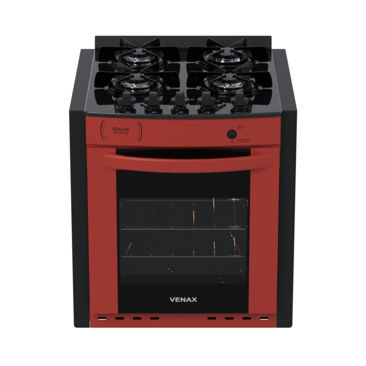 Fogão 4 Bocas de Embutir Venax Gaudi Prisma Vitreo Bl Vermelho Mesa em Vidro - Bivolt