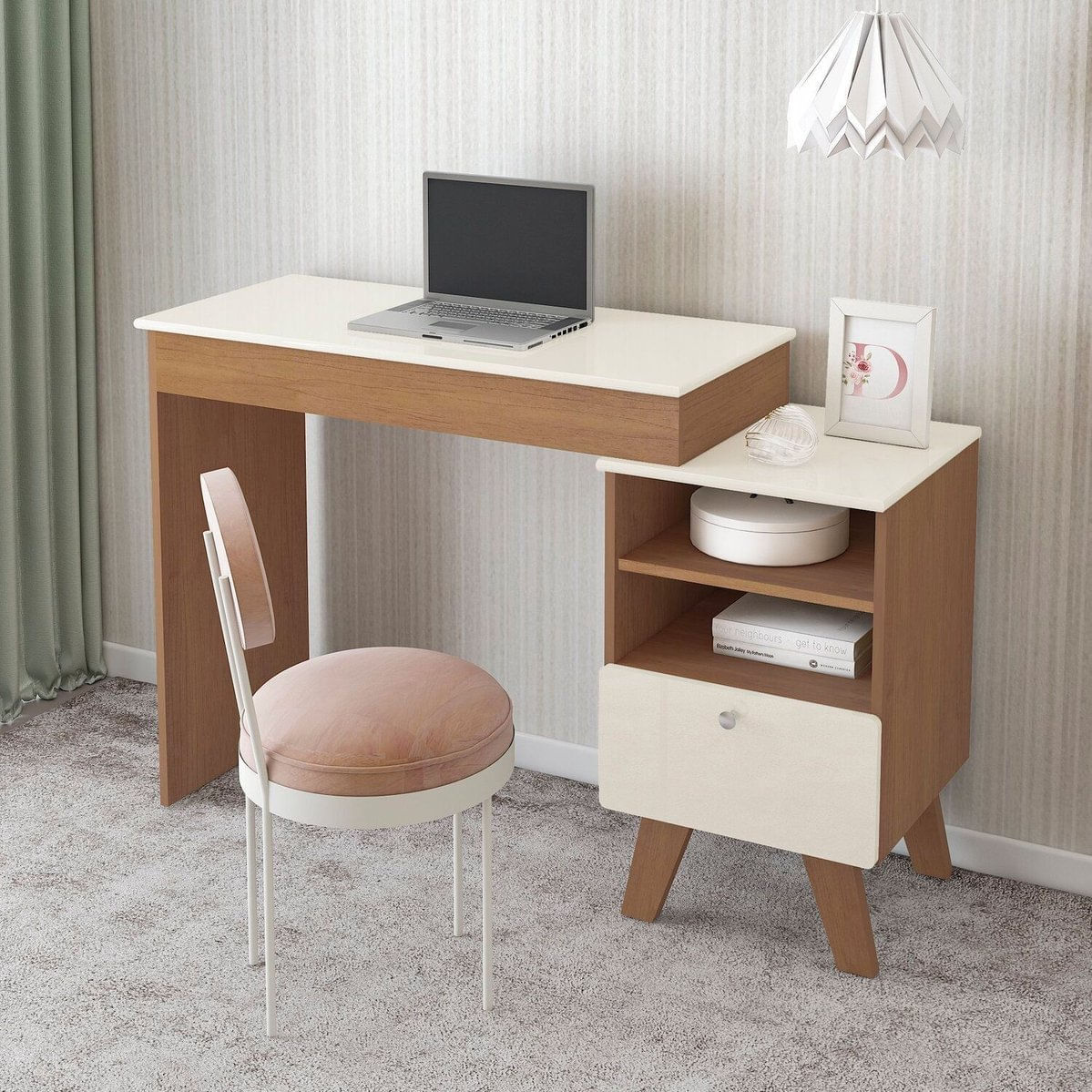 Penteadeira Escrivaninha Com Nichos E Espelho Dora Off White/cinamomo