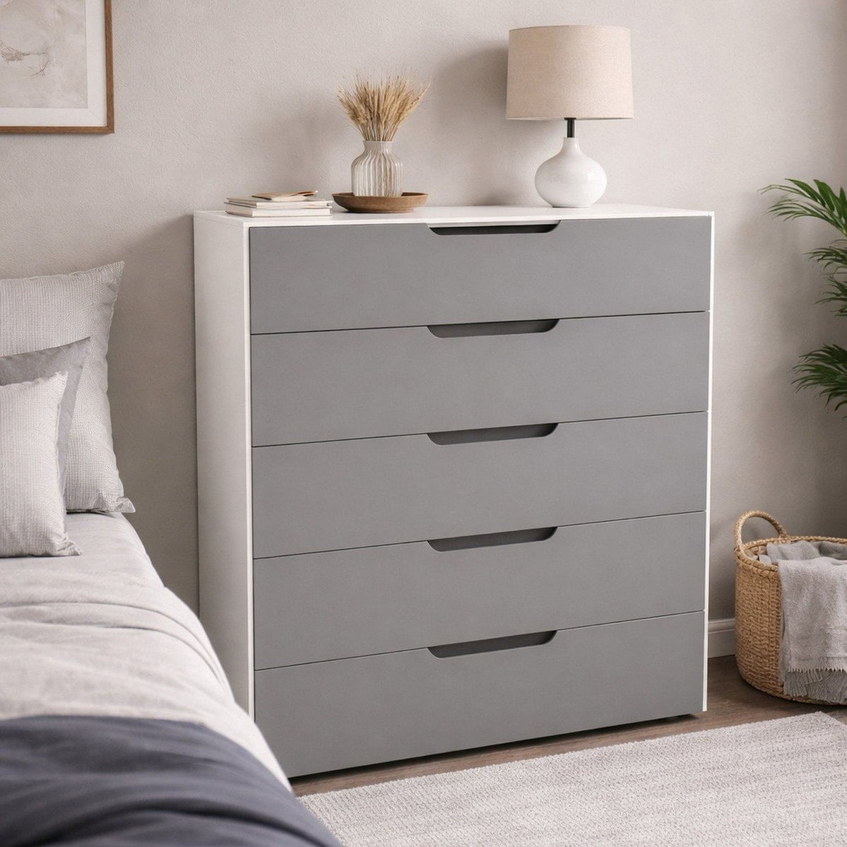 Cômoda Para Quarto 5 Gavetas 90cm Madri Cinza/Branco