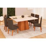 Conjunto: Mesa Sala Jantar Itália C/ Tampo Madeirado C/ Vidro Curvo 136x136cm E 6 Cadeiras Lia Freijo/off White - Suede Moca - Dj Móveis