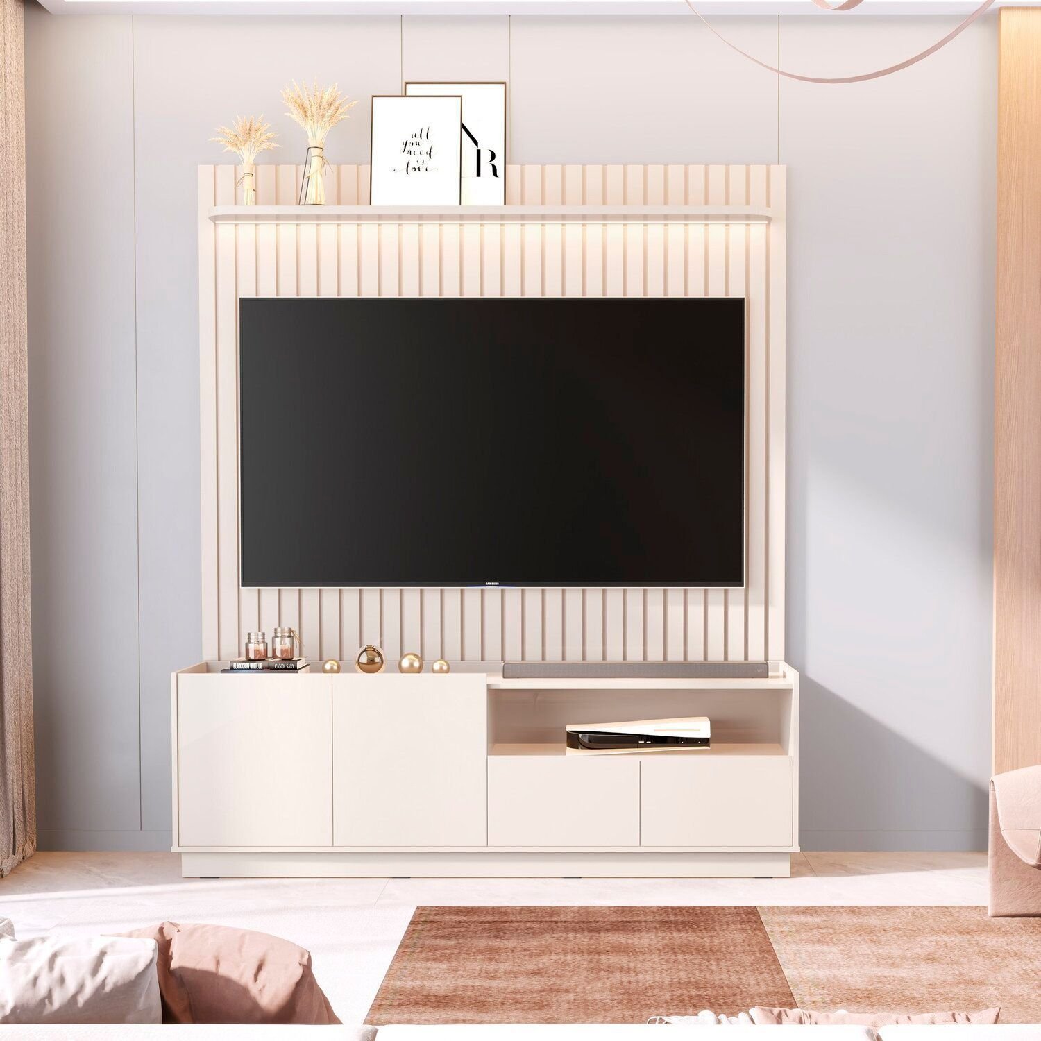 Painel Ripado Para Tv 75 Polegadas Com Bancada Vitoria Regia Off White