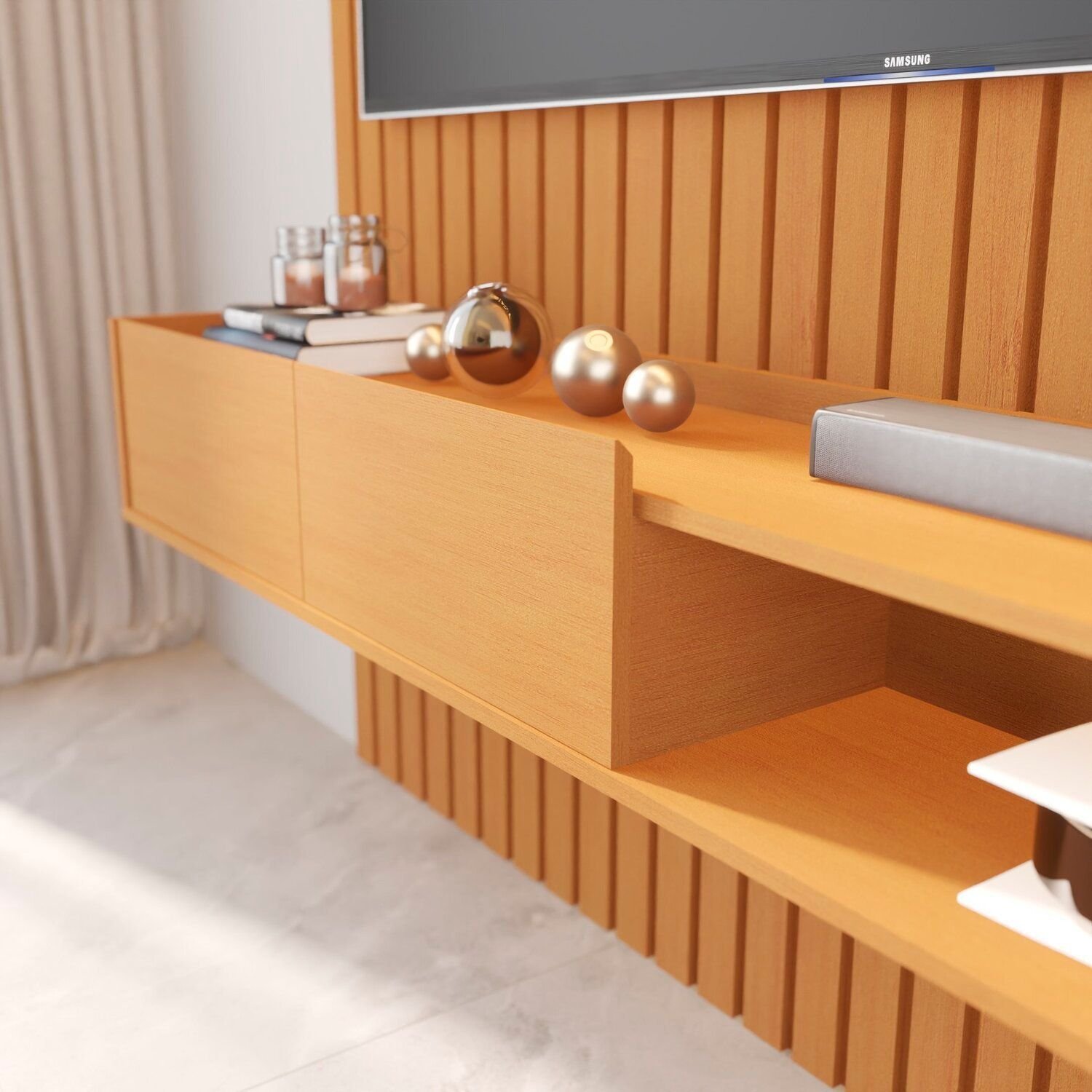 Painel Ripado Para Tv 84 Polegadas Com Nicho E Prateleira Com Led Vitoria Regia Nature