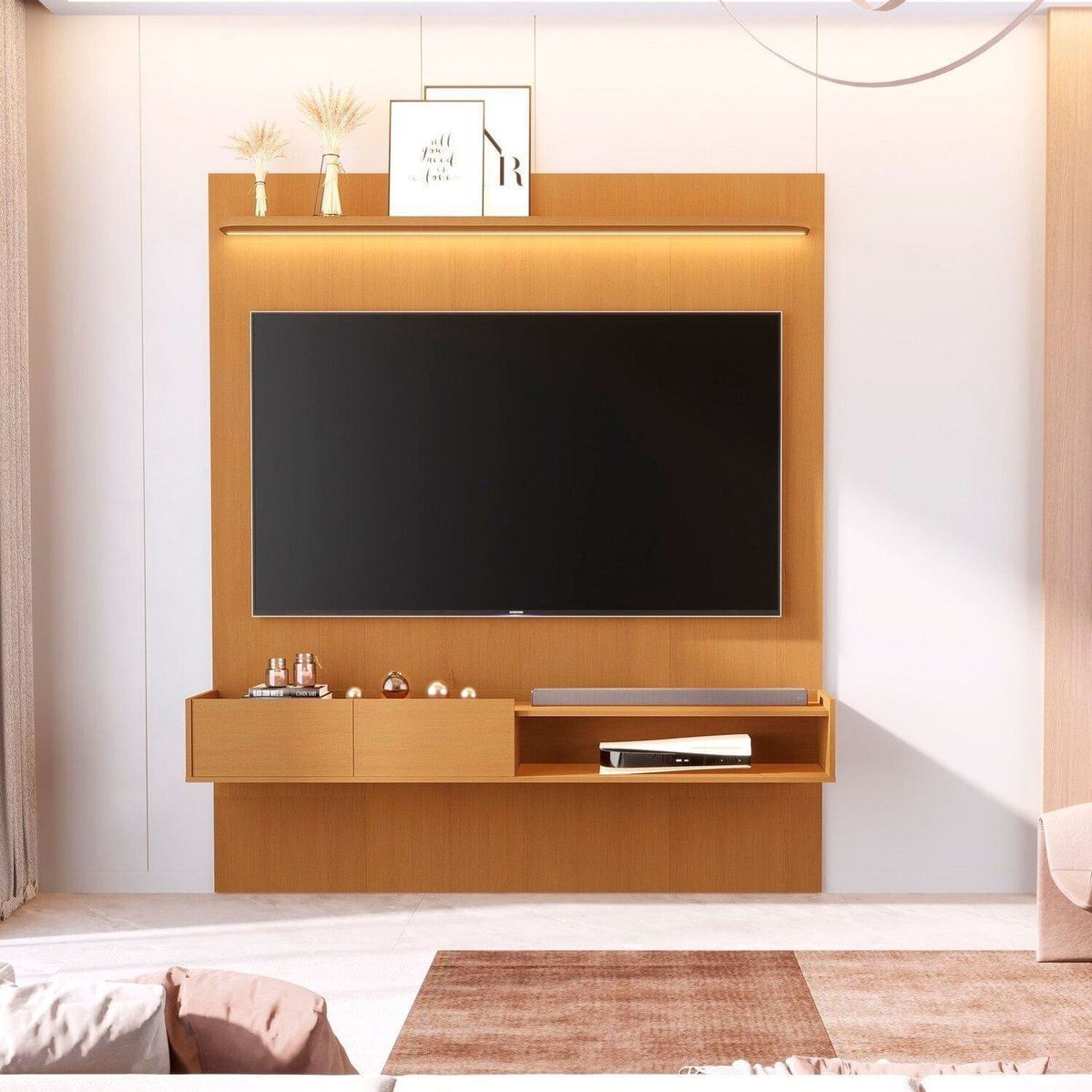 Painel Liso Para Tv 75 Polegadas Com Nicho E Prateleira Com Led Vitoria Regia Nature