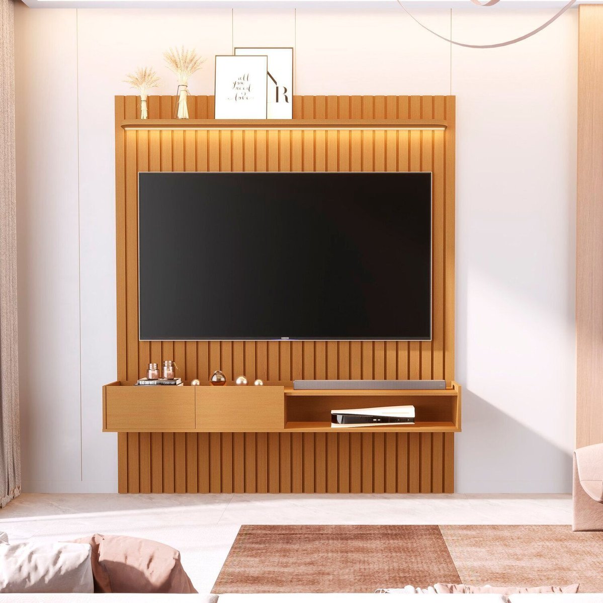 Painel Ripado Para Tv 75 Polegadas Com Nicho E Prateleira Com Led Vitoria Regia Nature