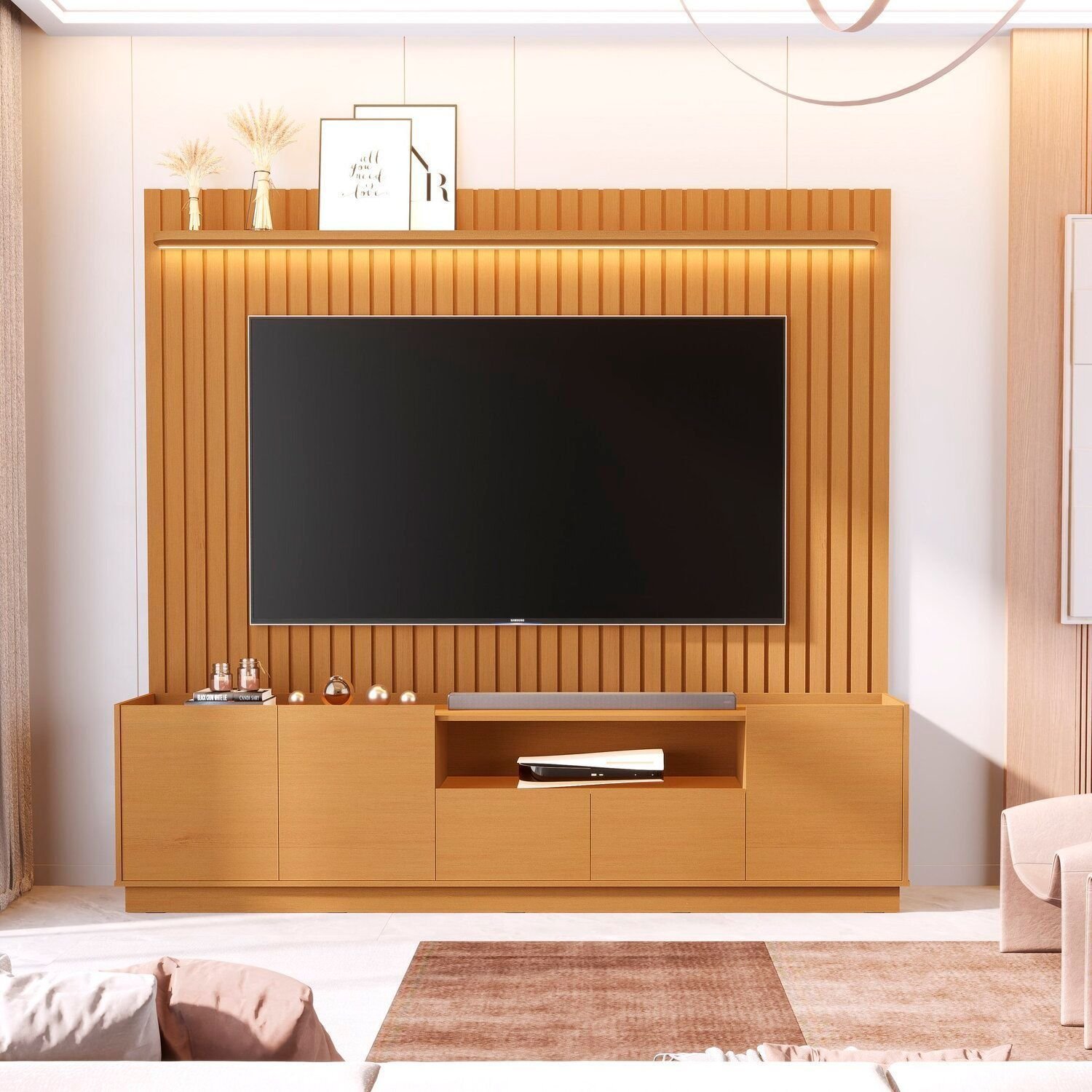 Painel Ripado Para Tv 84 Polegadas Com Bancada Vitoria Regia Nature