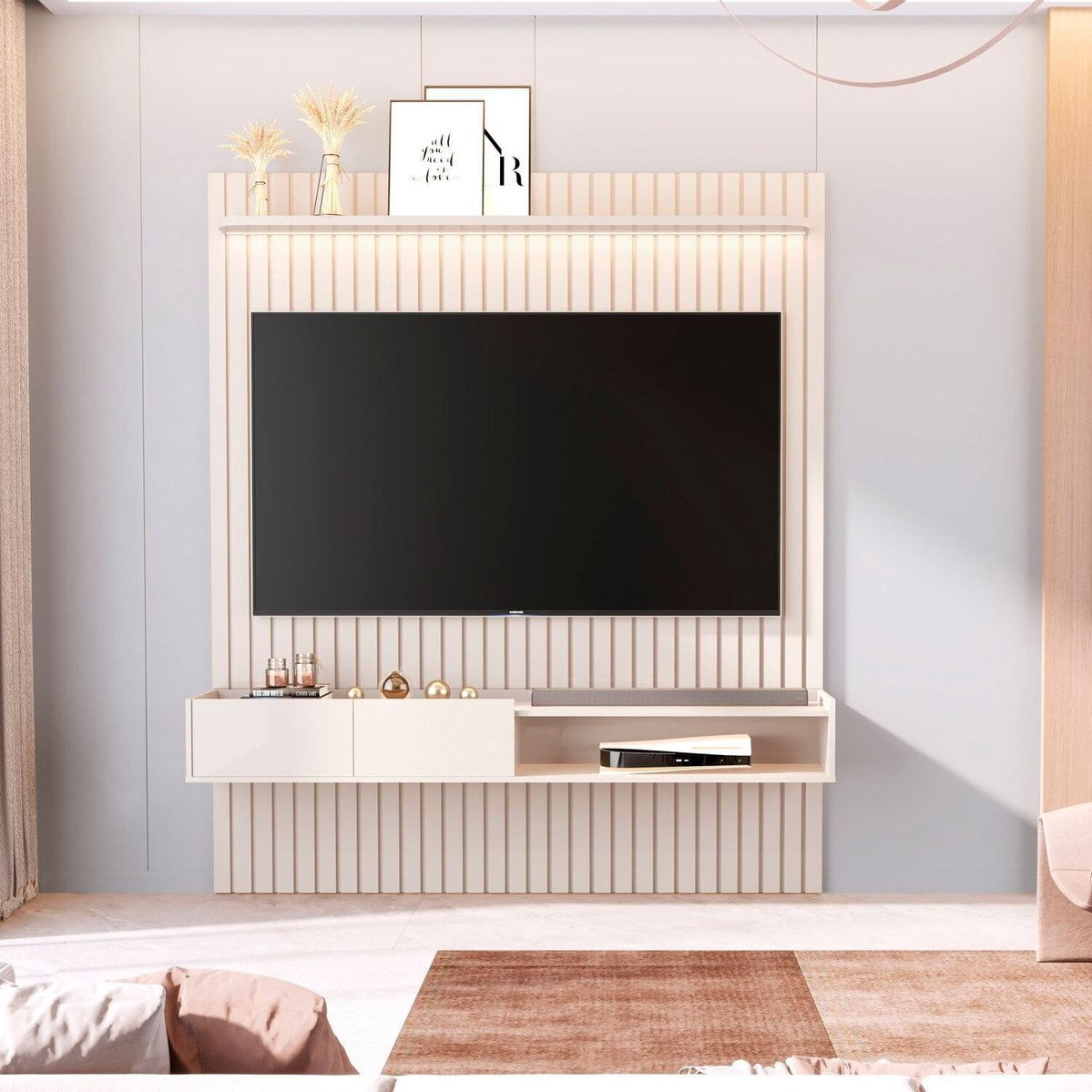 Painel Ripado Para Tv 75 Polegadas Com Nicho E Prateleira Com Led Vitoria Regia Off White