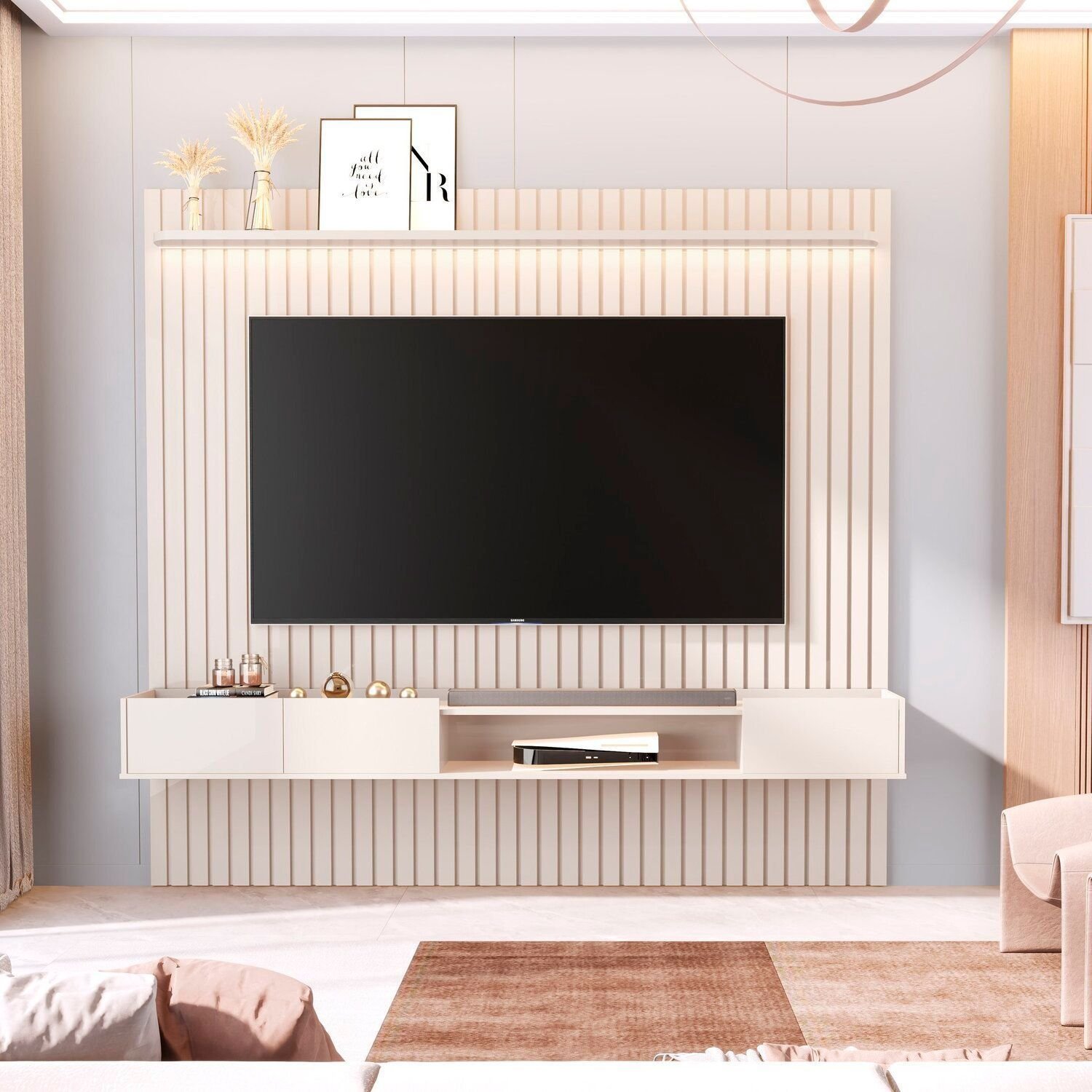 Painel Ripado Para Tv 84 Polegadas Com Nicho E Prateleira Com Led Vitoria Regia Off White