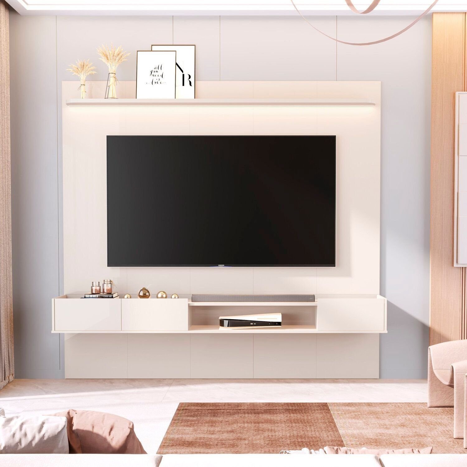 Painel Liso Para Tv 84 Polegadas Com Nicho E Prateleira Com Led Vitoria Regia Off White