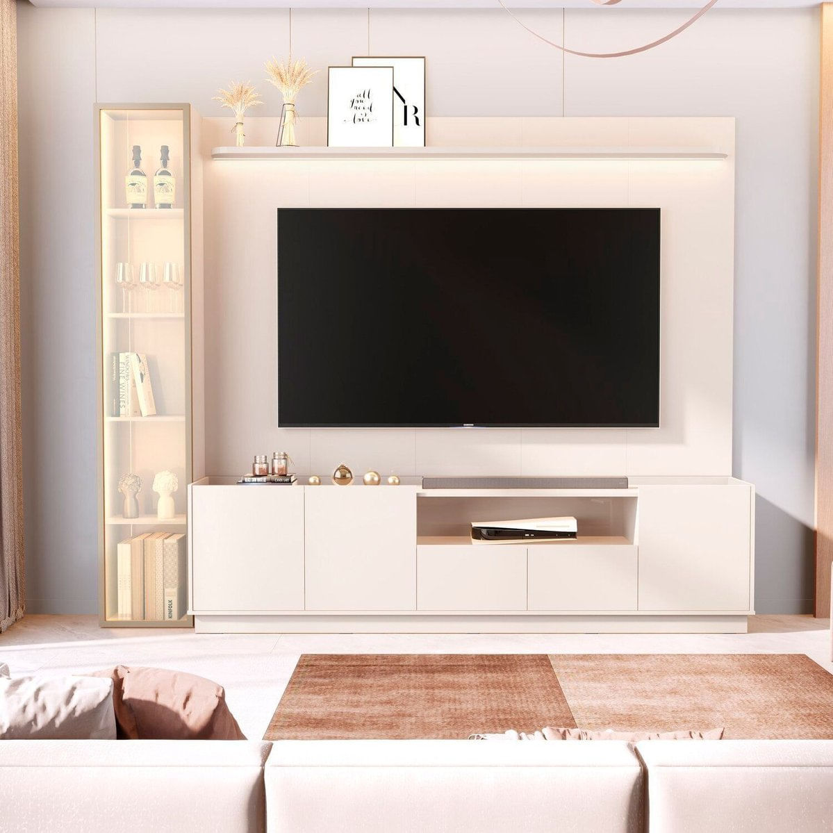 Rack Com Pinel Para Tv 84 Polegadas Porta Reflecta Led 100% Mdf Vitoria Regia Off White