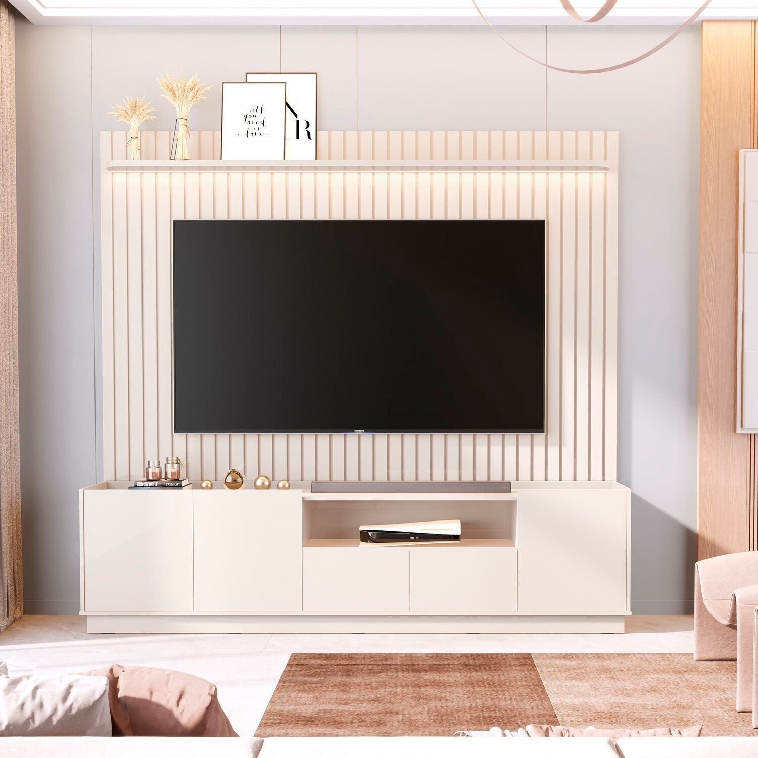 Painel Ripado Para Tv 84 Polegadas Com Bancada Vitoria Regia Off White