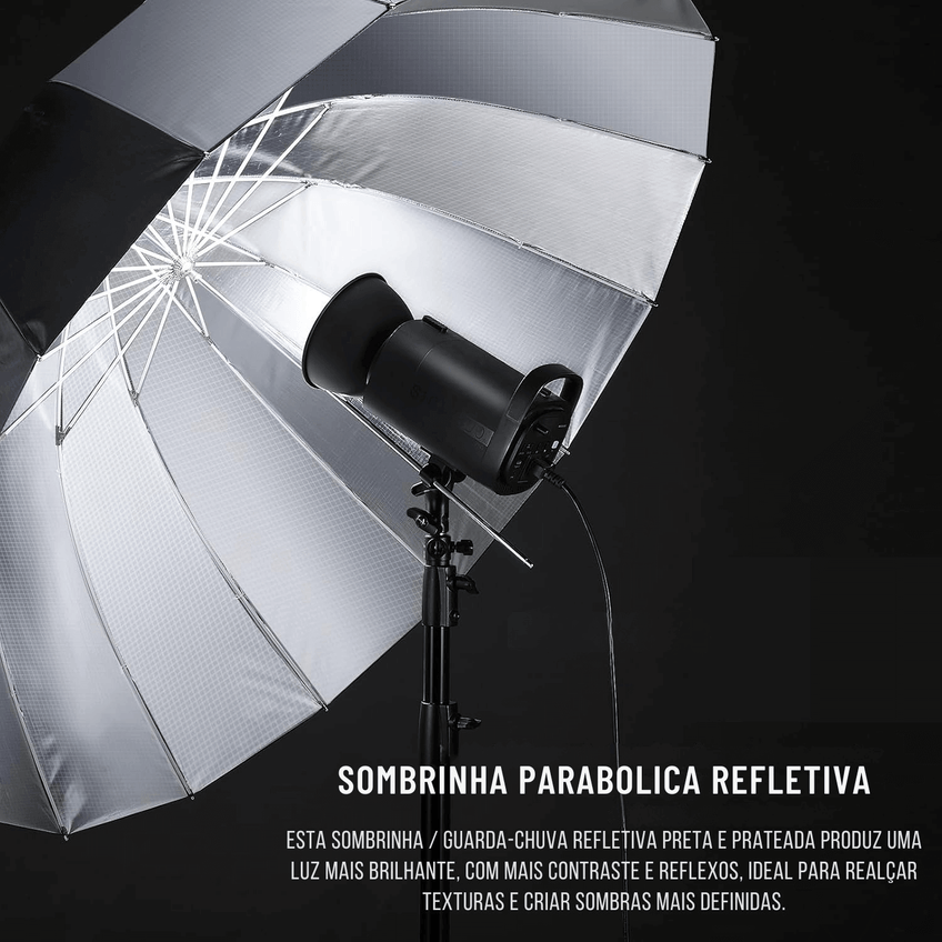 Sombrinha Parabólica Deep Preto Refletiva Prata 16 Varetas Com Difusor Branco (85cm) - imagem 5