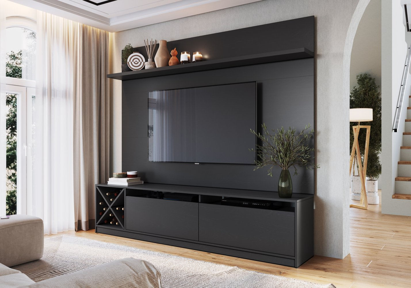 Rack Com Painel Para Tv Até 50 Polegadas 2 Portas Adega Vicenza Quiditá Preto