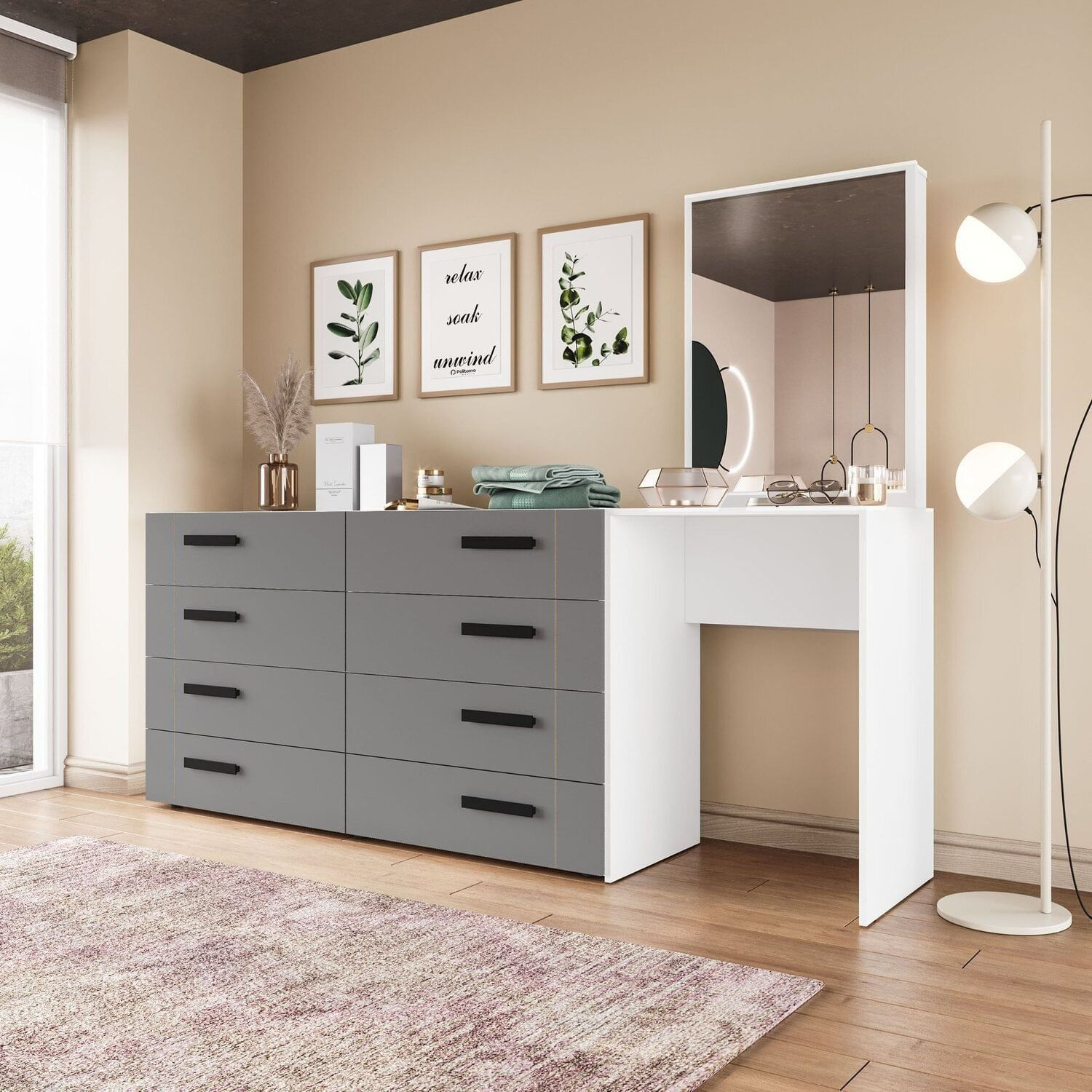 Cômoda Penteadeira 8 Gavetas Lisboa Cinza/branco