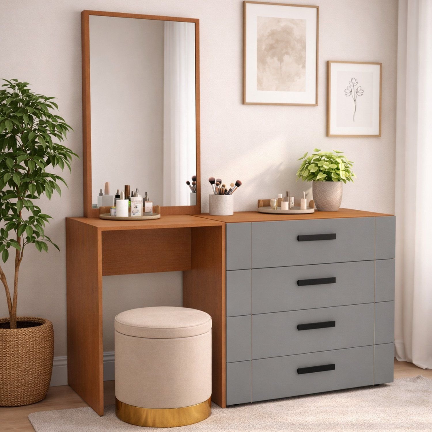 Cômoda Penteadeira 4 Gavetas Lisboa Cinza/freijó