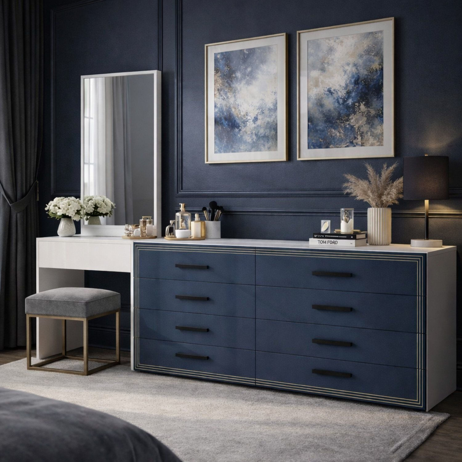 Cômoda Penteadeira 8 Gavetas Valência Azul/branco