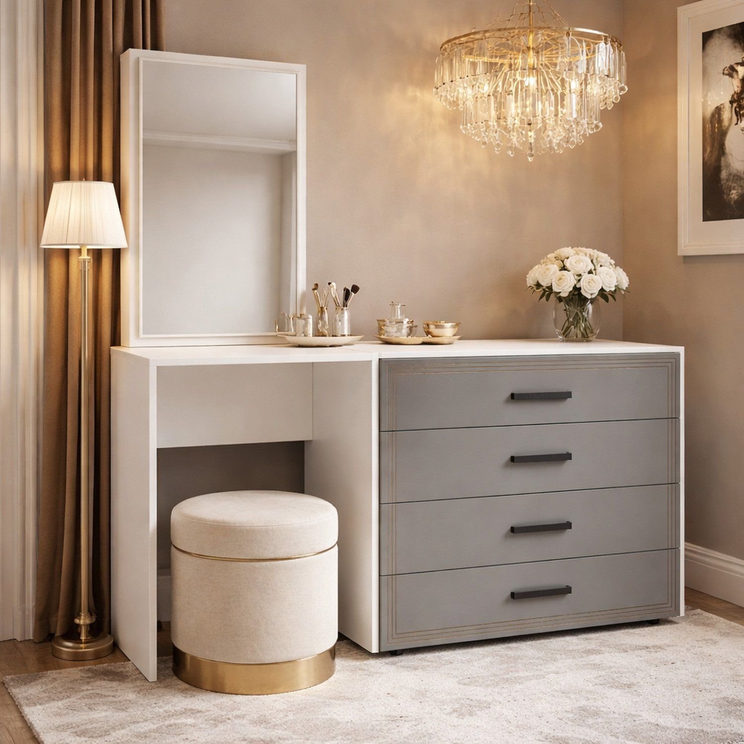 Cômoda Penteadeira 4 Gavetas Valência Cinza/branco