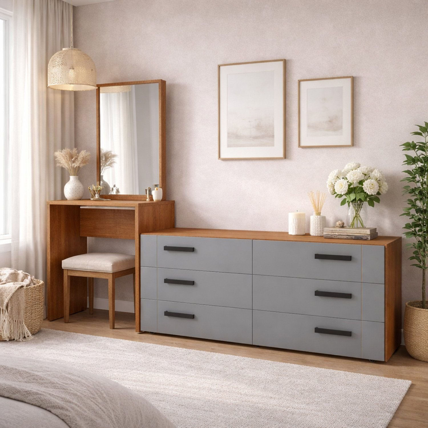 Cômoda Penteadeira 6 Gavetas Lisboa Cinza/freijó