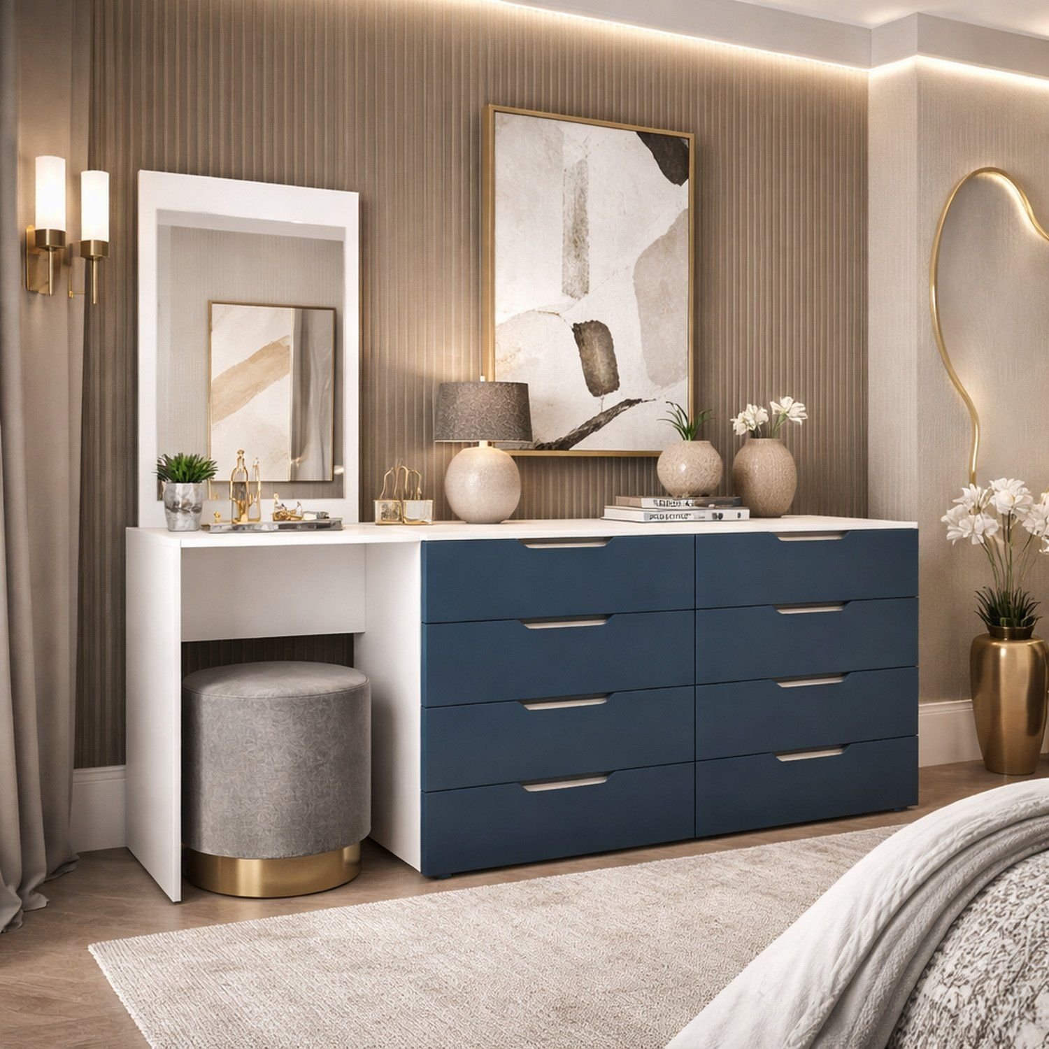 Cômoda Penteadeira 8 Gavetas Madrid Azul/branco