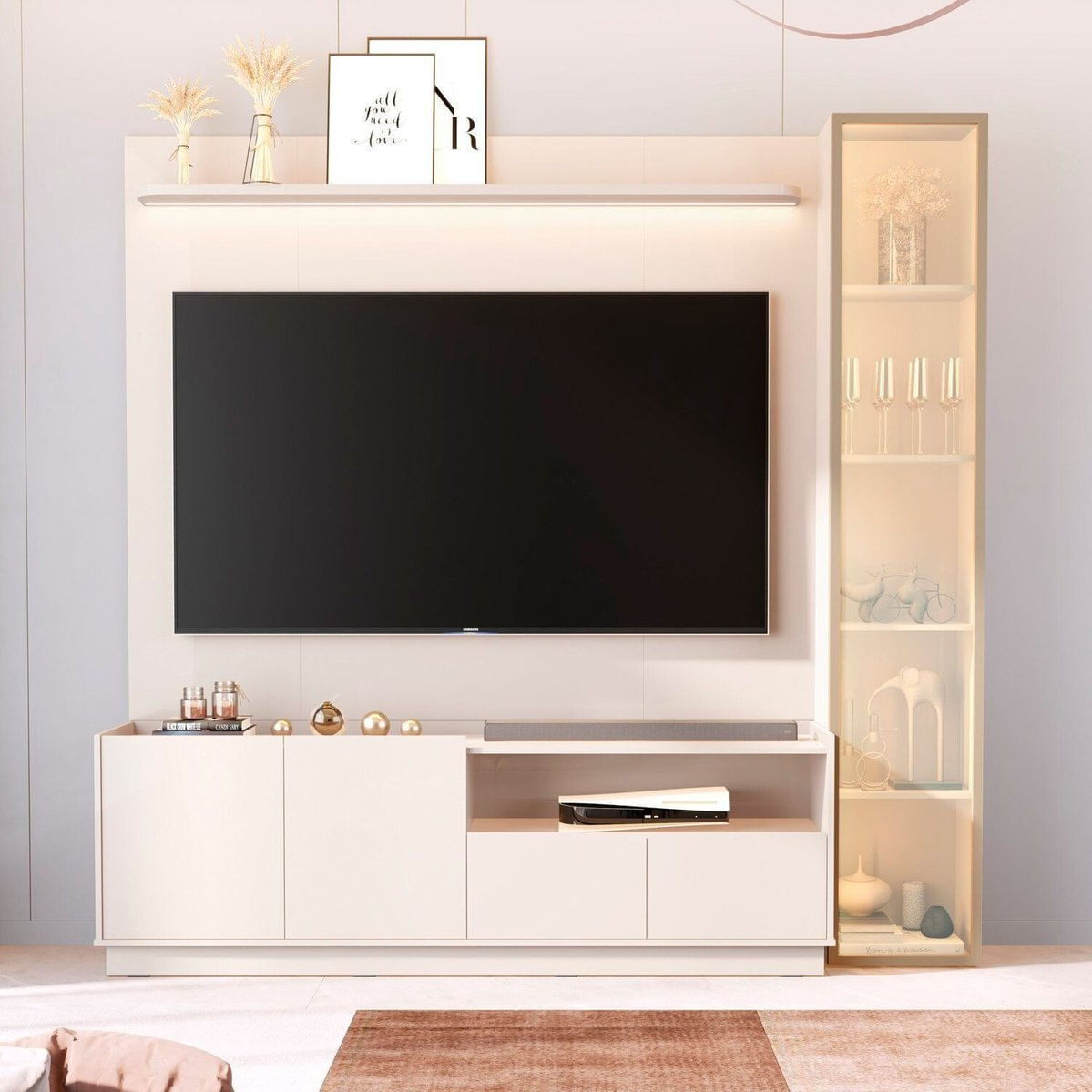 Rack Com Painel Para Tv 75 Polegadas 100% Mdf Com Led Vitoria Regia Off White