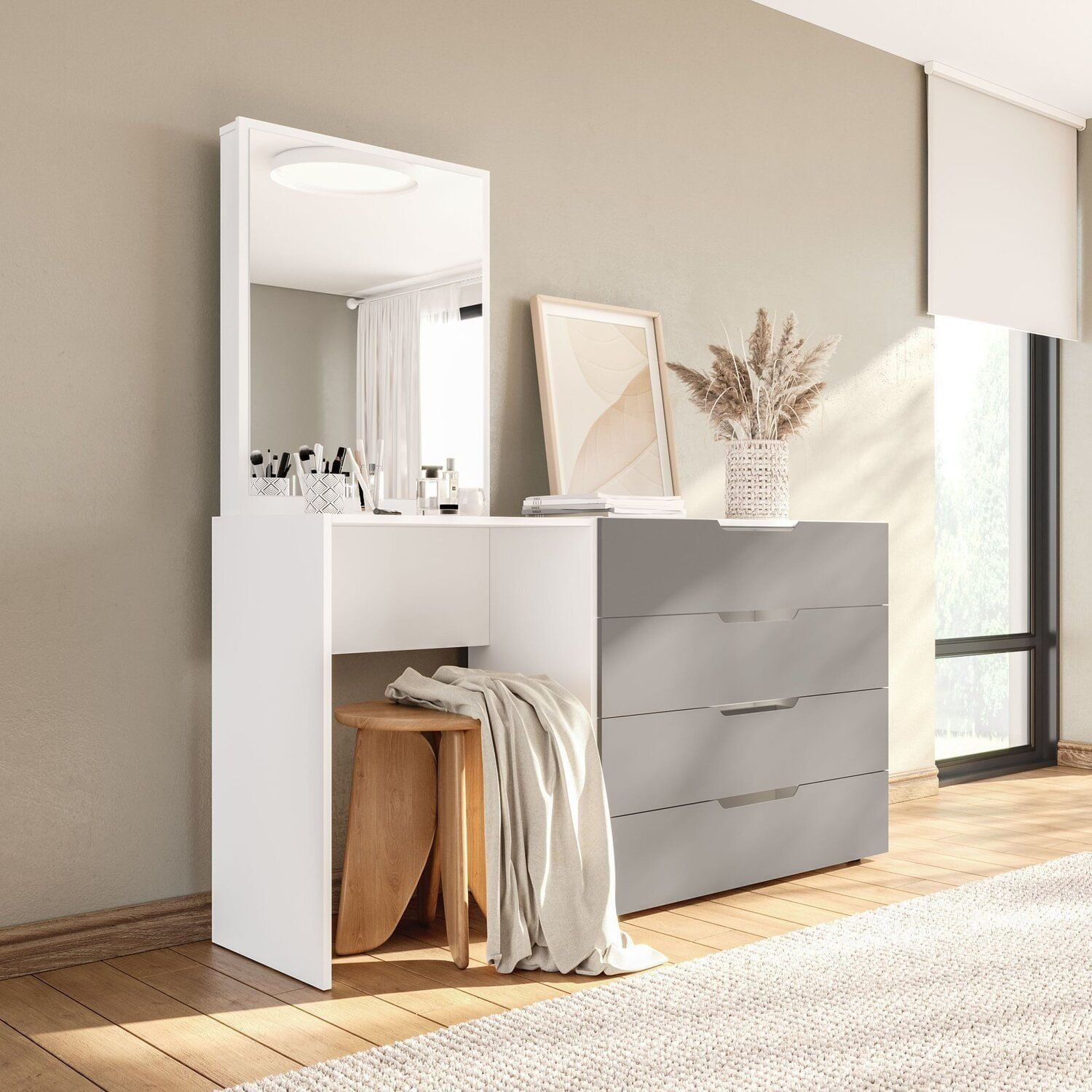 Cômoda Penteadeira 4 Gavetas Madrid Cinza/branco