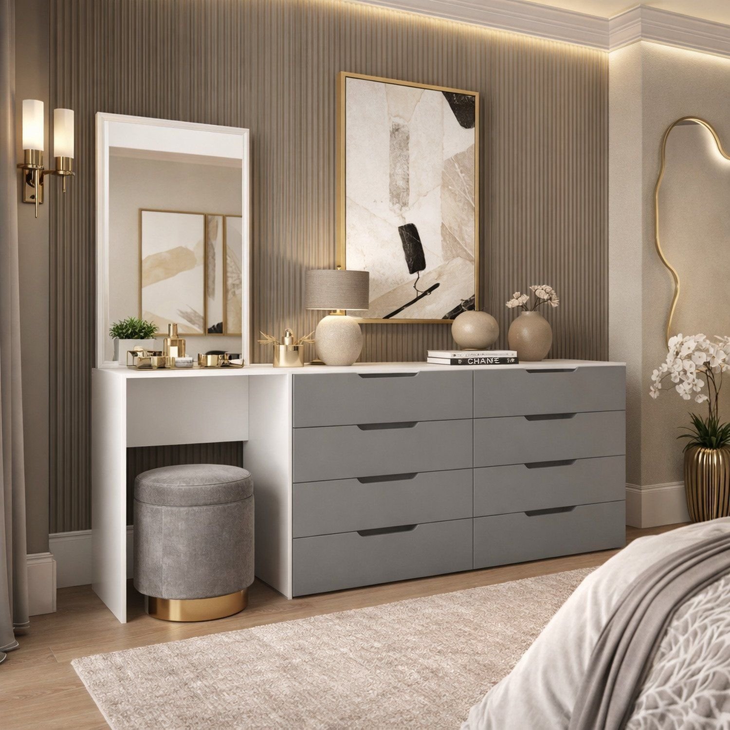 Cômoda Penteadeira 8 Gavetas Madrid Cinza/branco