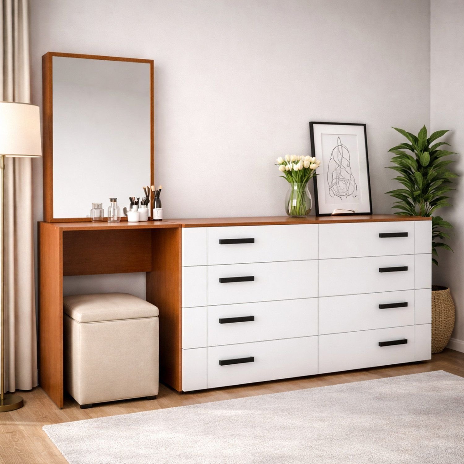 Cômoda Penteadeira 8 Gavetas Lisboa Branco/freijó