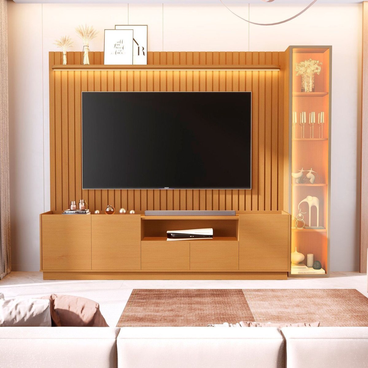 Rack Com Painel Para Tv 84 Polegadas 100% Mdf Com Led Vitoria Regia Nature