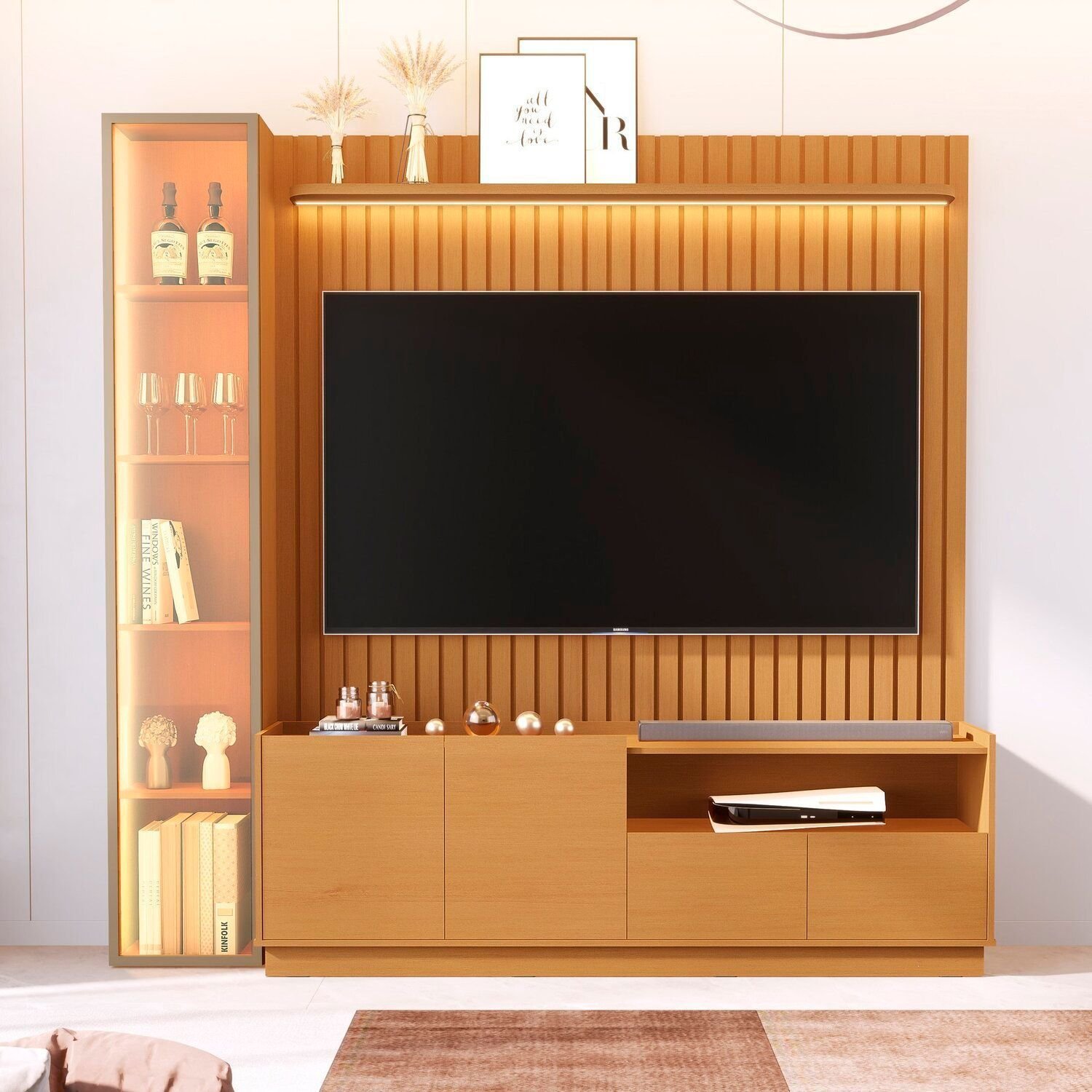 Rack Com Painel Para Tv 75 Polegadas 100% Mdf Com Led Vitoria Regia Nature